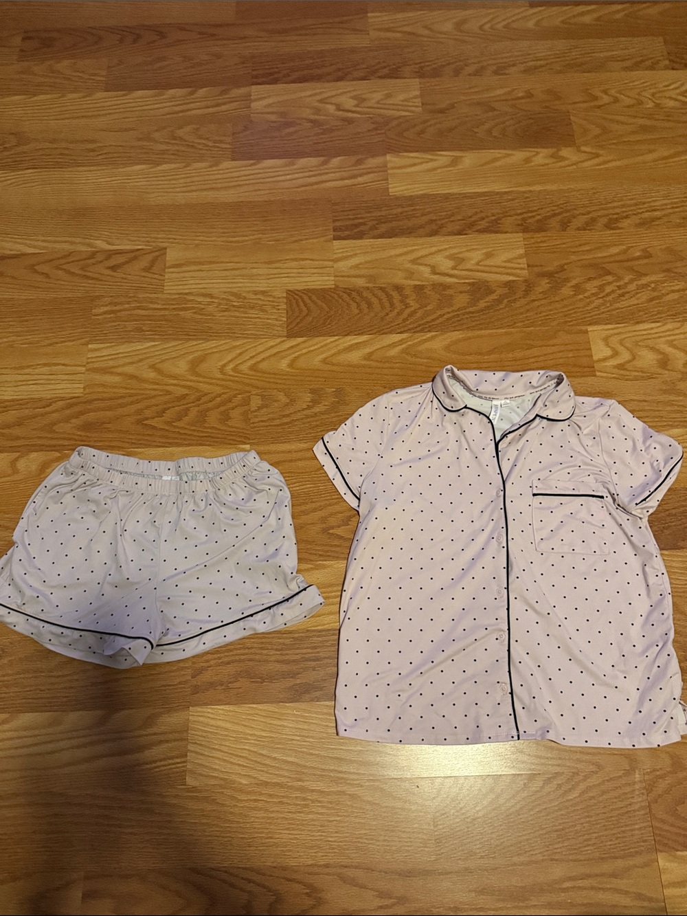 Women's Pink Polka Dot Short Pajama Set with Black Piping